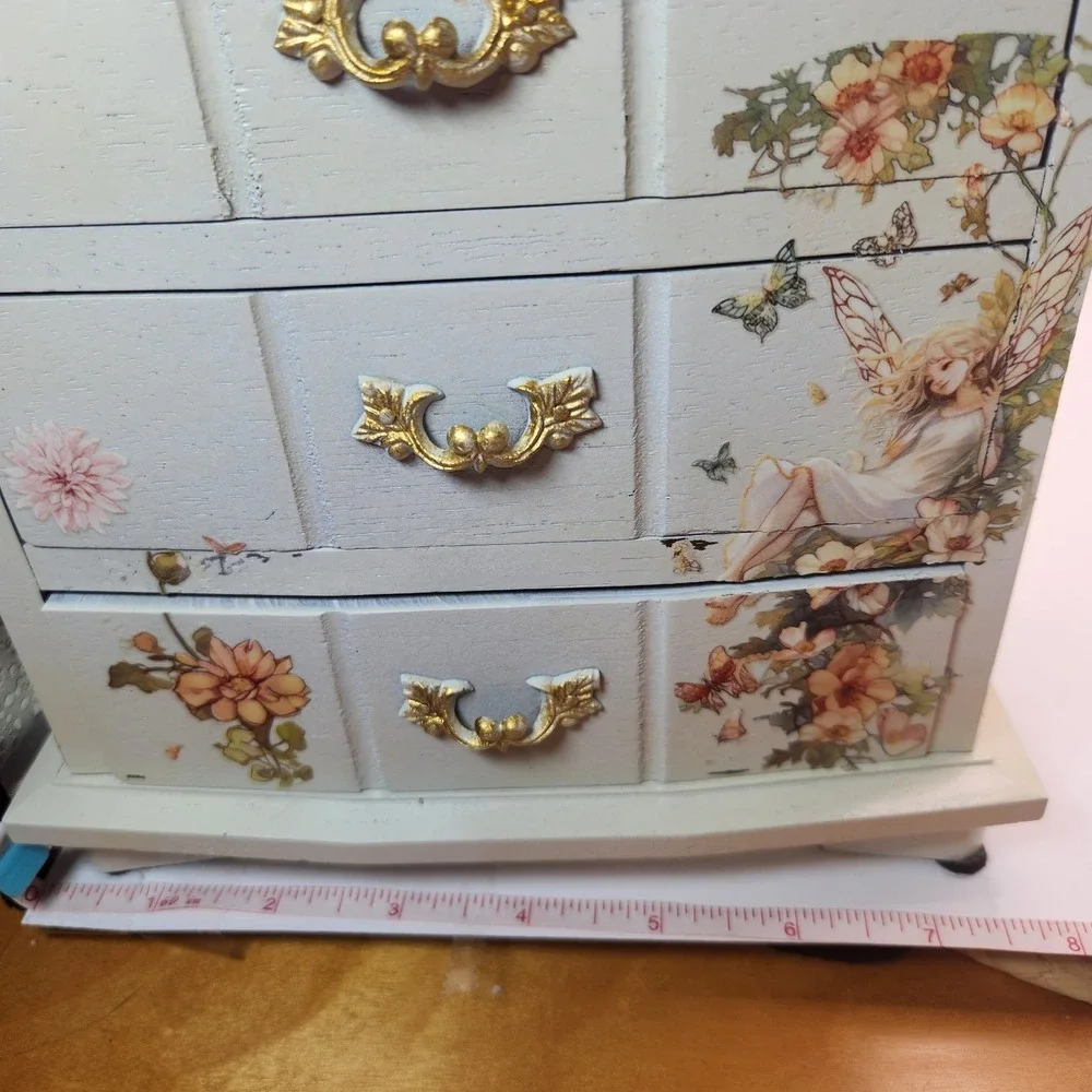 Vintage Fairy Jewelry Music Box 3 Drawer Chest and Matching 12in Vanity Tray Set